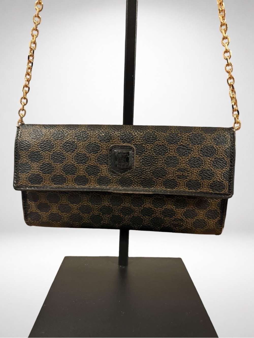 CELINE Women’s Triomphe Chain Wallet Clutch Brown Black Macadam Coated Canvas